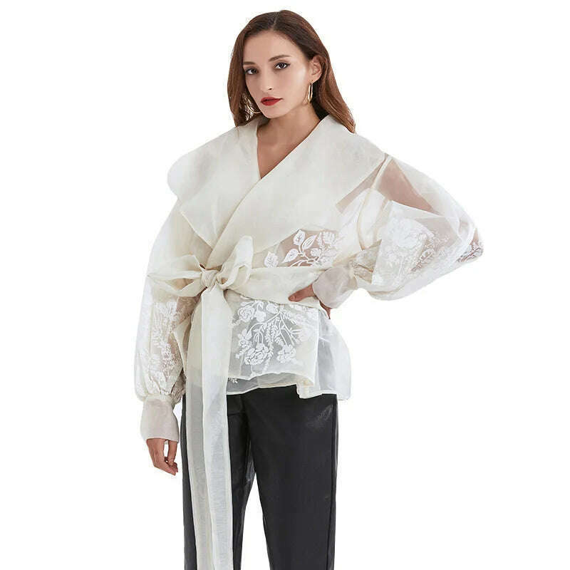 KIMLUD, VGH Vintage Print Embroidery Shirt For Women Lapel Long Sleeve Sashes Elegant Blouse Female Fashion New Clothing 2022 Spring, KIMLUD Womens Clothes