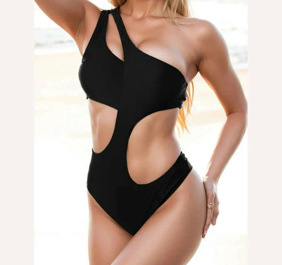 KIMLUD, Vigoashely 2024 Sexy Solid Hollow One Shoulder Swimwear Women Push UP One Piece Swimsuit Monokini Backless Summer Bathing Suit, KIMLUD Womens Clothes