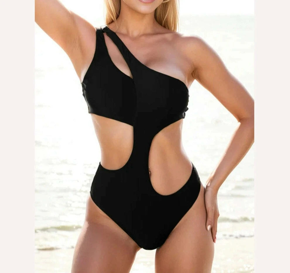 KIMLUD, Vigoashely 2024 Sexy Solid Hollow One Shoulder Swimwear Women Push UP One Piece Swimsuit Monokini Backless Summer Bathing Suit, Black Swimsuit / M, KIMLUD APPAREL - Womens Clothes