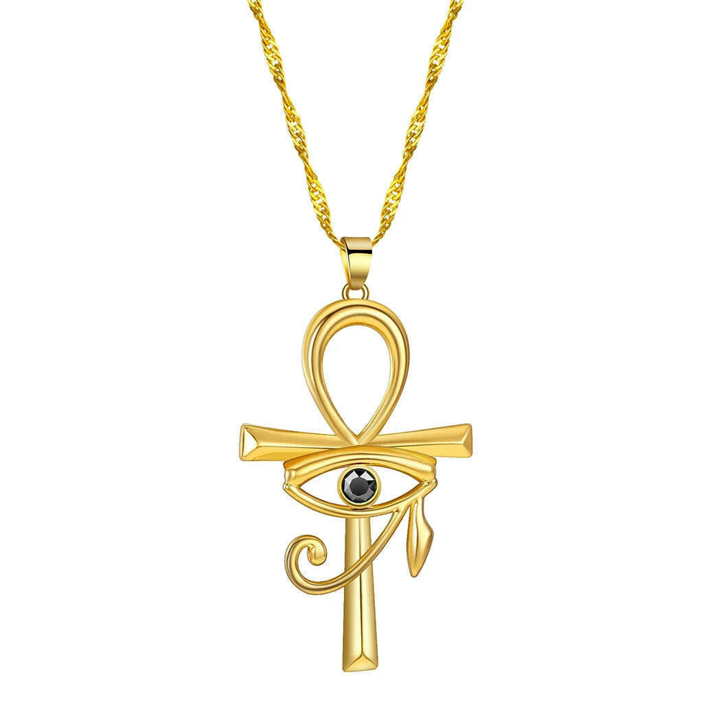 KIMLUD, Viking Crystal EYE Cross Ankh Necklace For Women Men Amulet Religion Punk Vintage Jewelry Evil Eye Golden Chains Necklaces, as picture, KIMLUD APPAREL - Womens Clothes