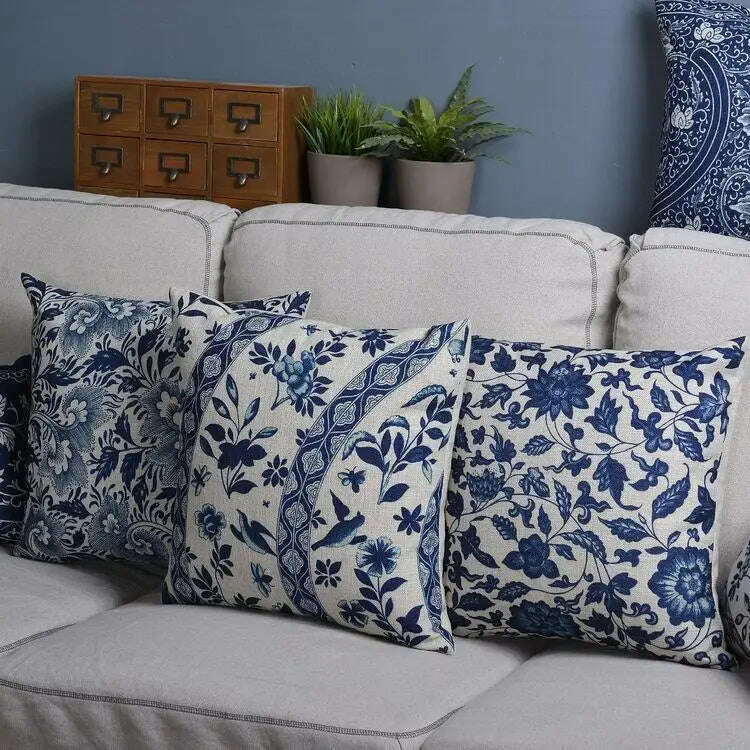 KIMLUD, Vintage Blue White Porcelain Pillow Cover Home Decor Pillow Cushion Cover Floral Linen Pillow Case Sofa Cushions, KIMLUD Womens Clothes