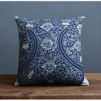 KIMLUD, Vintage Blue White Porcelain Pillow Cover Home Decor Pillow Cushion Cover Floral Linen Pillow Case Sofa Cushions, D (45x45cm), KIMLUD Womens Clothes