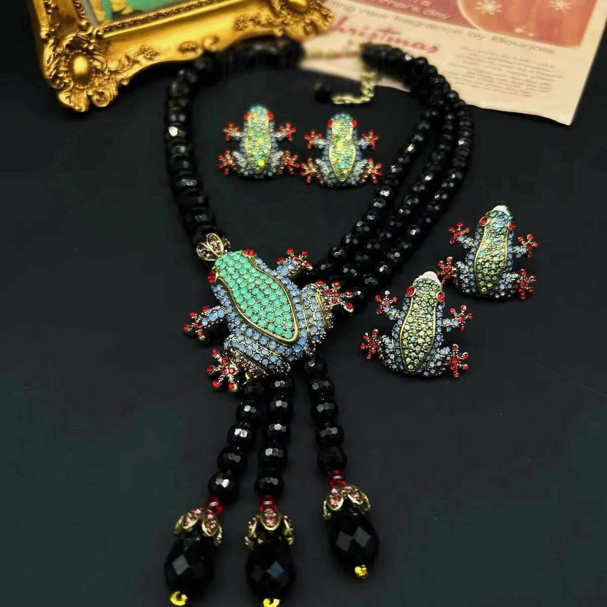 Vintage Bohemian flowery animal frog set necklace earrings - KIMLUD