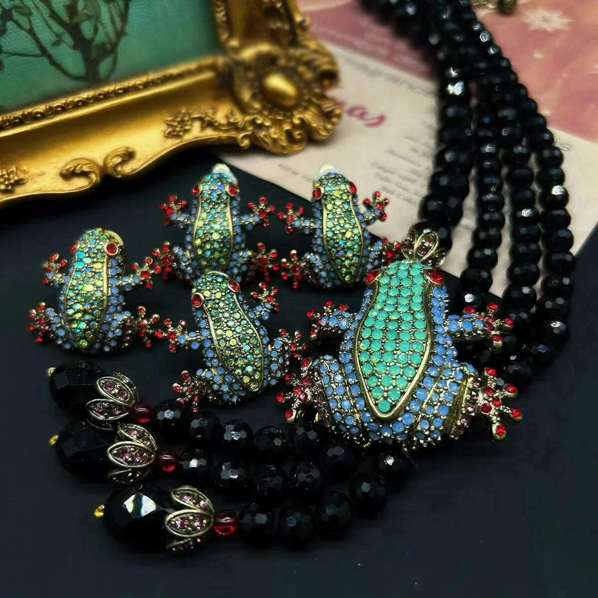 Vintage Bohemian flowery animal frog set necklace earrings - KIMLUD