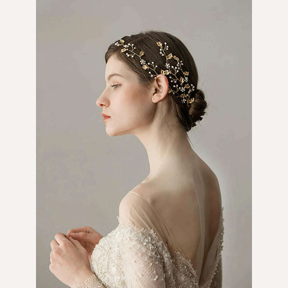 KIMLUD, Vintage Bridal Hair Accessories Gold Rhinestones Flower And Leaves Handmade Headband Bridal Headpiece Wedding Hair Accessories, KIMLUD Womens Clothes