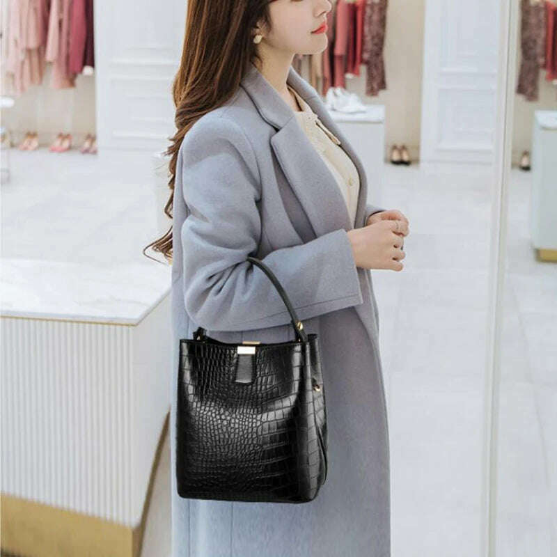 Vintage Crocodile Pattern Bucket Bag Women PU Leather Shoulder Bag Big Capacity Handbag Luxury Crossbody Bag Advanced Lady Purse - KIMLUD