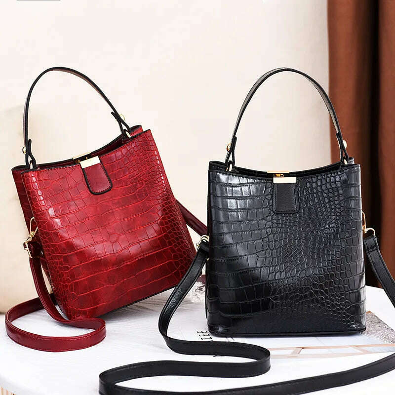 Vintage Crocodile Pattern Bucket Bag Women PU Leather Shoulder Bag Big Capacity Handbag Luxury Crossbody Bag Advanced Lady Purse - KIMLUD