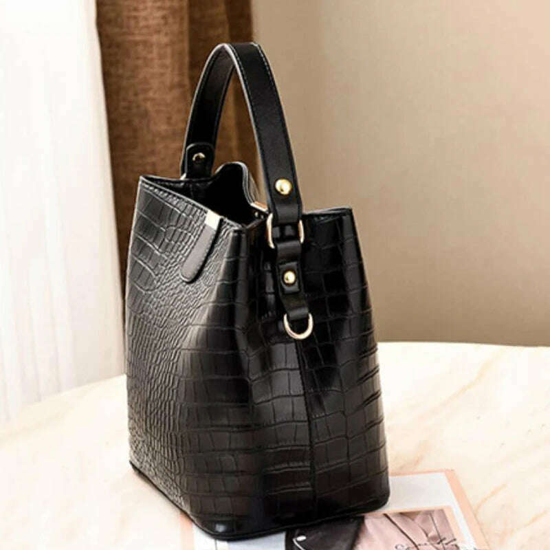 Vintage Crocodile Pattern Bucket Bag Women PU Leather Shoulder Bag Big Capacity Handbag Luxury Crossbody Bag Advanced Lady Purse - KIMLUD