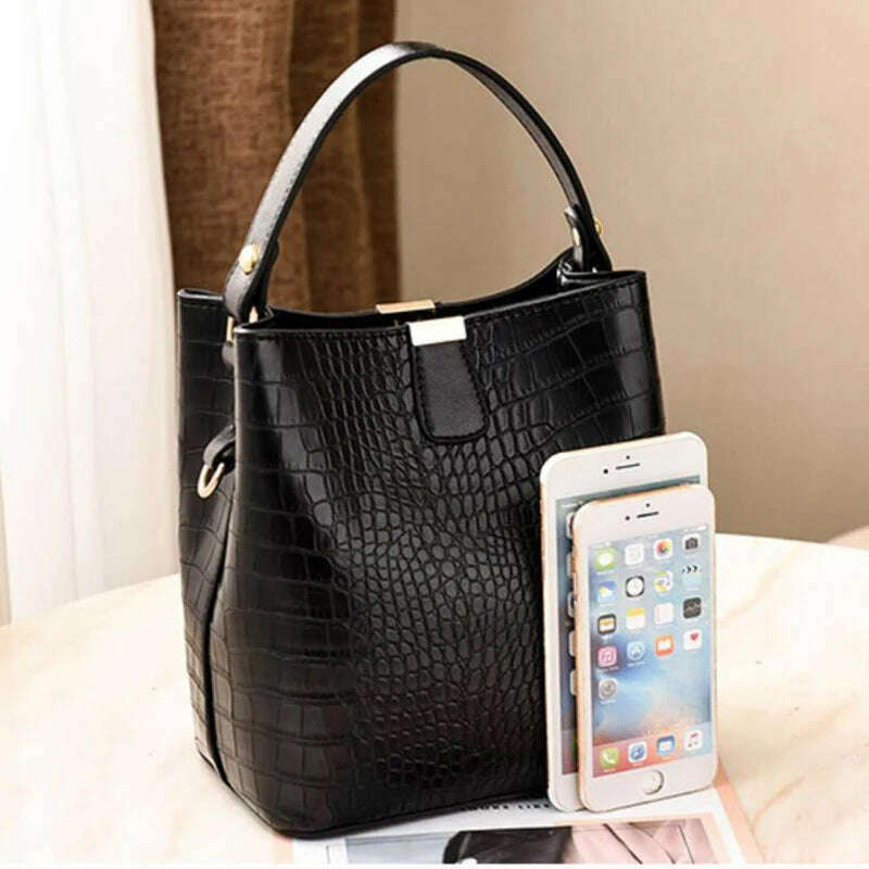 Vintage Crocodile Pattern Bucket Bag Women PU Leather Shoulder Bag Big Capacity Handbag Luxury Crossbody Bag Advanced Lady Purse - KIMLUD