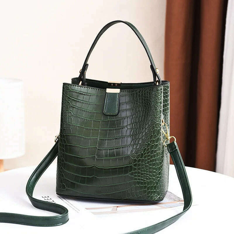 Vintage Crocodile Pattern Bucket Bag Women PU Leather Shoulder Bag Big Capacity Handbag Luxury Crossbody Bag Advanced Lady Purse - KIMLUD