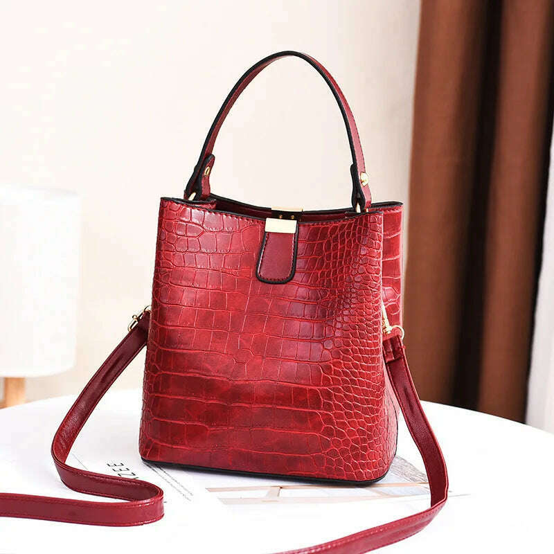 KIMLUD, Vintage Crocodile Pattern Bucket Bag Women PU Leather Shoulder Bag Big Capacity Handbag Luxury Crossbody Bag Advanced Lady Purse, red / 20x14x22cm, KIMLUD APPAREL - Womens Clothes