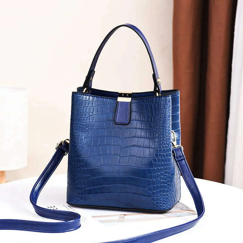 KIMLUD, Vintage Crocodile Pattern Bucket Bag Women PU Leather Shoulder Bag Big Capacity Handbag Luxury Crossbody Bag Advanced Lady Purse, darkblue / 20x14x22cm, KIMLUD APPAREL - Womens Clothes