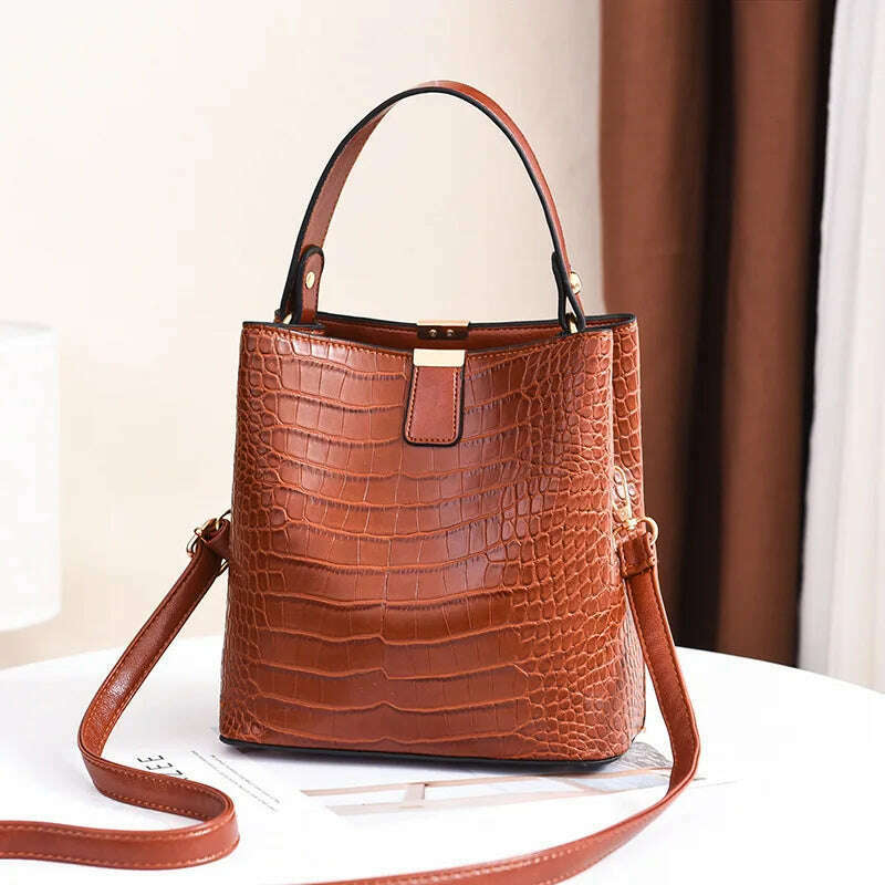 Vintage Crocodile Pattern Bucket Bag Women PU Leather Shoulder Bag Big Capacity Handbag Luxury Crossbody Bag Advanced Lady Purse - KIMLUD