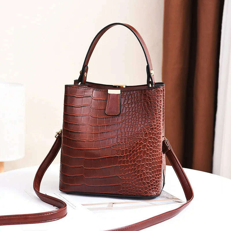 Vintage Crocodile Pattern Bucket Bag Women PU Leather Shoulder Bag Big Capacity Handbag Luxury Crossbody Bag Advanced Lady Purse - KIMLUD