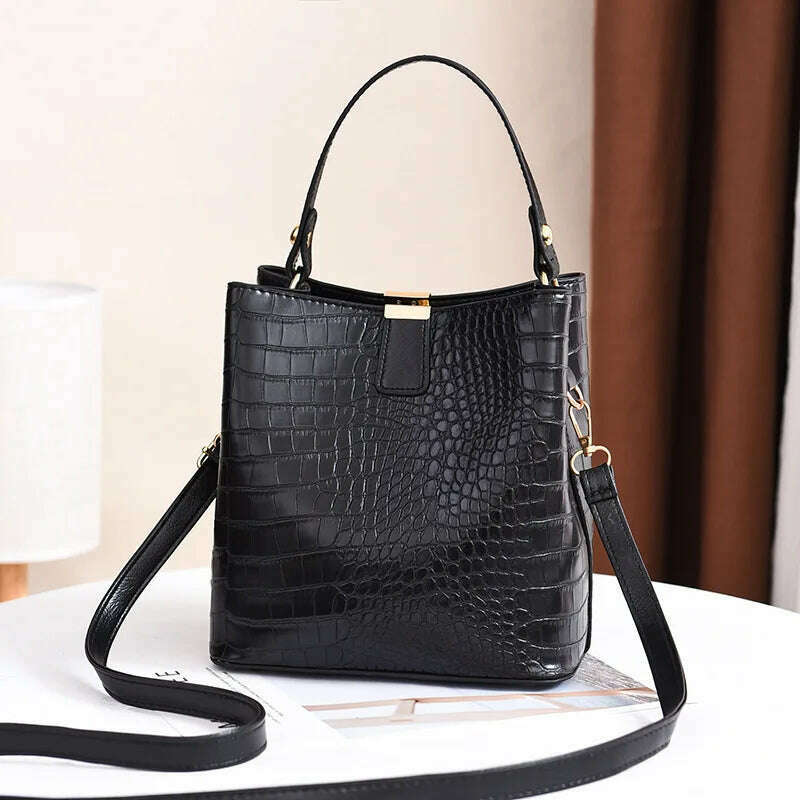 Vintage Crocodile Pattern Bucket Bag Women PU Leather Shoulder Bag Big Capacity Handbag Luxury Crossbody Bag Advanced Lady Purse - KIMLUD