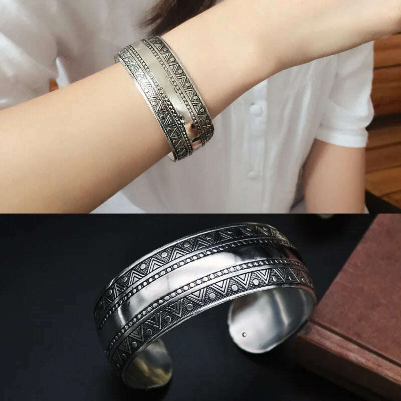 KIMLUD, Vintage Cuff Bracelet Tibetan Silver Plated Carved Flower Geometric Animal Opening Bangle Adjustable Indian Jewelry Women Gifts, YLB0786A, KIMLUD APPAREL - Womens Clothes