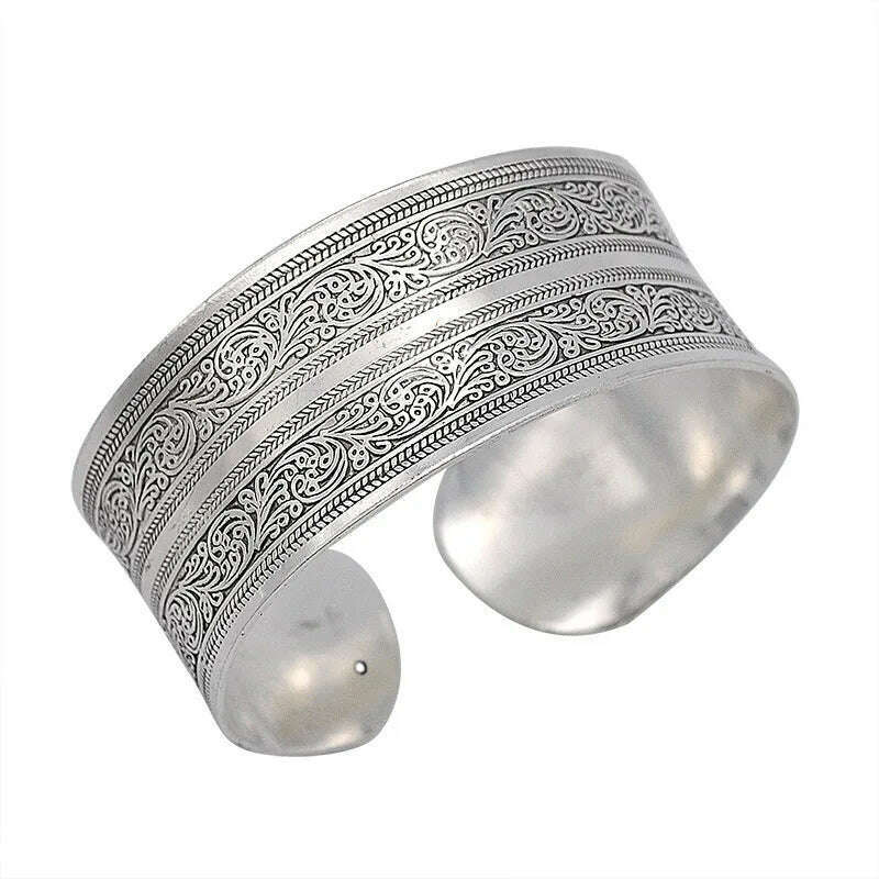 KIMLUD, Vintage Cuff Bracelet Tibetan Silver Plated Carved Flower Geometric Animal Opening Bangle Adjustable Indian Jewelry Women Gifts, YLB0786C, KIMLUD APPAREL - Womens Clothes