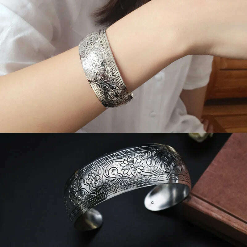 KIMLUD, Vintage Cuff Bracelet Tibetan Silver Plated Carved Flower Geometric Animal Opening Bangle Adjustable Indian Jewelry Women Gifts, YLB0786E, KIMLUD APPAREL - Womens Clothes