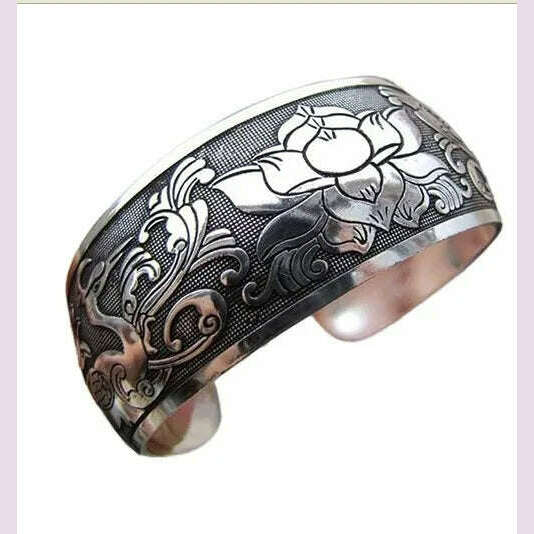 KIMLUD, Vintage Cuff Bracelet Tibetan Silver Plated Carved Flower Geometric Animal Opening Bangle Adjustable Indian Jewelry Women Gifts, YLB0786P, KIMLUD APPAREL - Womens Clothes