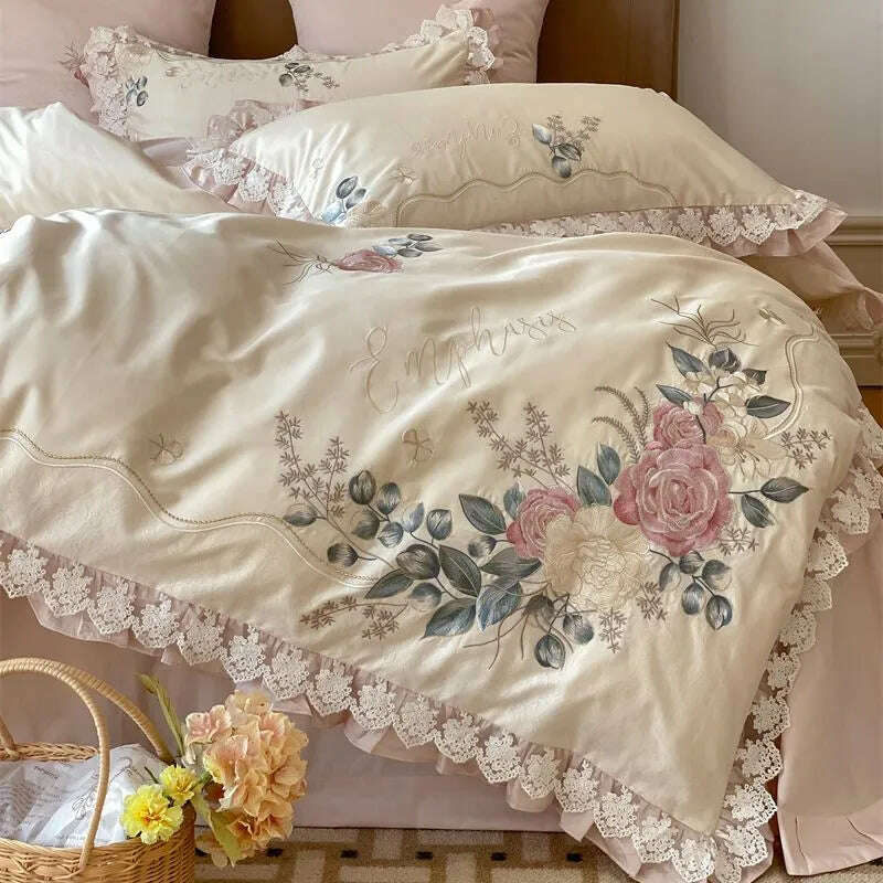 Vintage French Princess Bedding Set 1000TC Egyptian Cotton Flowers Embroidery Ruffles Duvet Cover Set Bed Sheet Pillowcases 4Pcs - KIMLUD