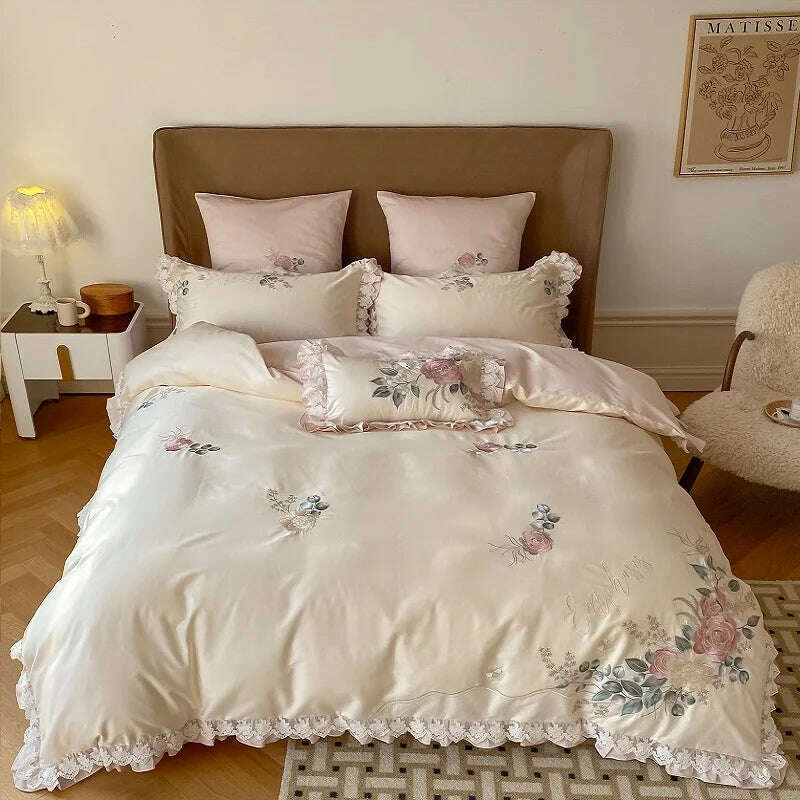 KIMLUD, Vintage French Princess Bedding Set 1000TC Egyptian Cotton Flowers Embroidery Ruffles Duvet Cover Set Bed Sheet Pillowcases 4Pcs, KIMLUD Womens Clothes