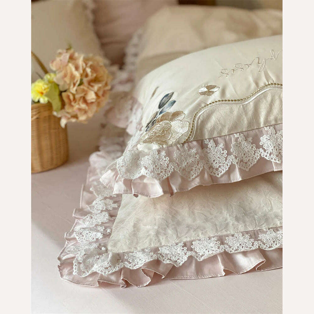 KIMLUD, Vintage French Princess Bedding Set 1000TC Egyptian Cotton Flowers Embroidery Ruffles Duvet Cover Set Bed Sheet Pillowcases 4Pcs, KIMLUD Womens Clothes