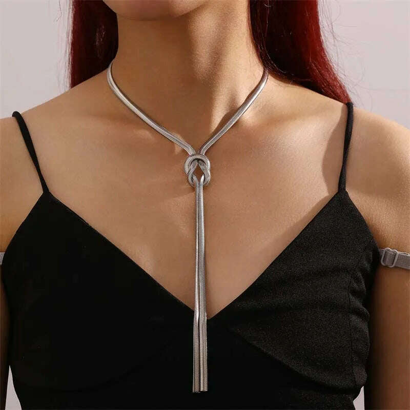 KIMLUD, Vintage Gold Color Snake Chain Knot Long Tassel Necklace for Women Punk Chunky Thick Chest Chain Choker Neck Jewelry Gift, Silver-01, KIMLUD APPAREL - Womens Clothes