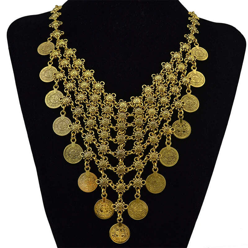 Vintage Gold Plated Coin Choker Necklace Earrings for Women Indian Oxidized Afghan Ethnic Egyptian Collar Statement Jewelry Sets - KIMLUD