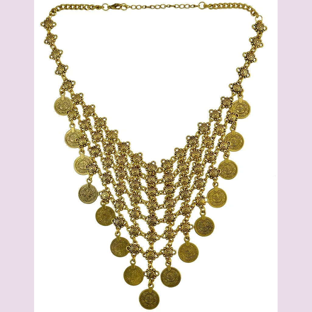 Vintage Gold Plated Coin Choker Necklace Earrings for Women Indian Oxidized Afghan Ethnic Egyptian Collar Statement Jewelry Sets - KIMLUD