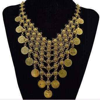 Vintage Gold Plated Coin Choker Necklace Earrings for Women Indian Oxidized Afghan Ethnic Egyptian Collar Statement Jewelry Sets - KIMLUD