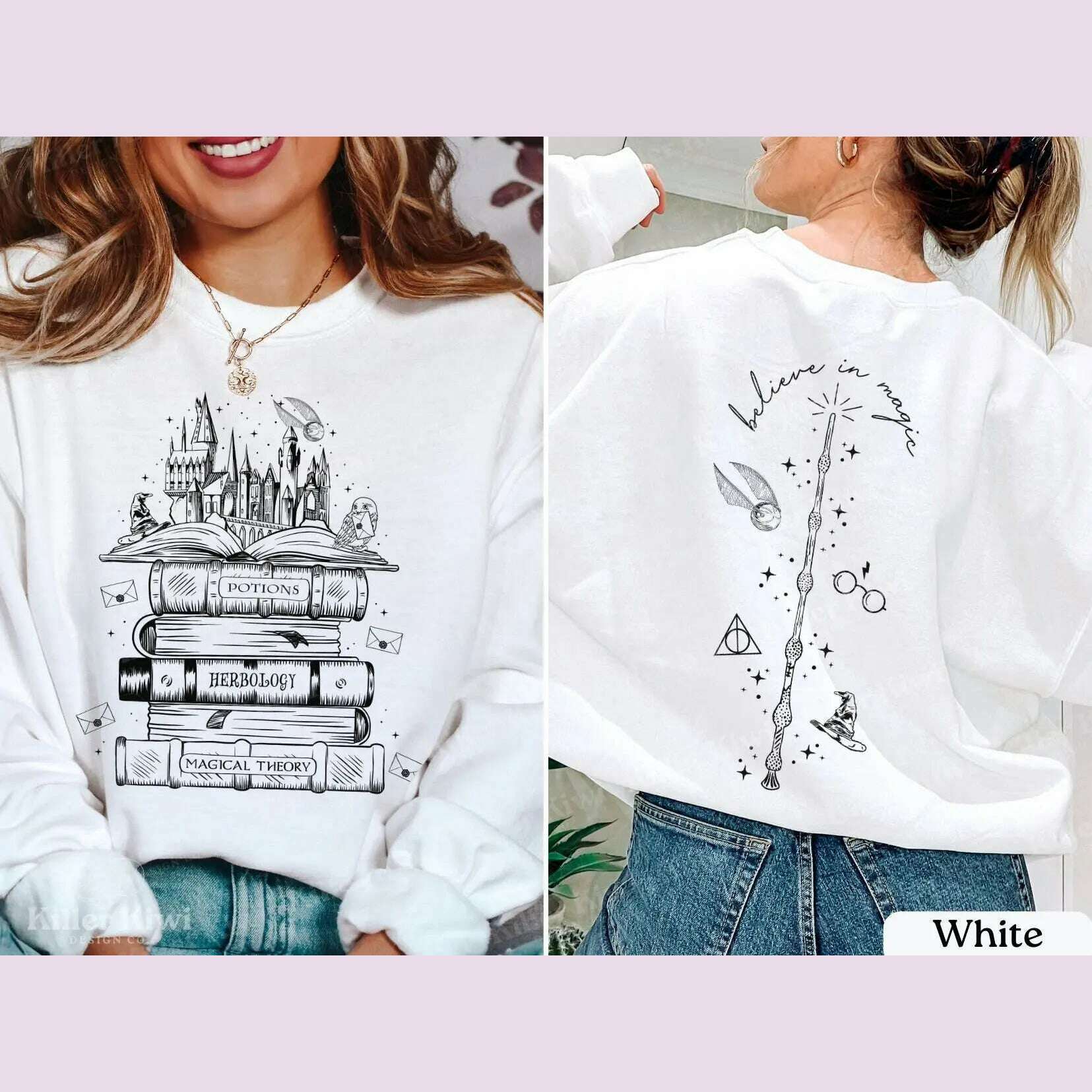 KIMLUD, Vintage Magic Tome Castle Magic Stick Print Women Sweatshirt 2024 New Voguish Vintage Cotton Female Sweater Stylish Girl Tops, WHITE / L, KIMLUD APPAREL - Womens Clothes