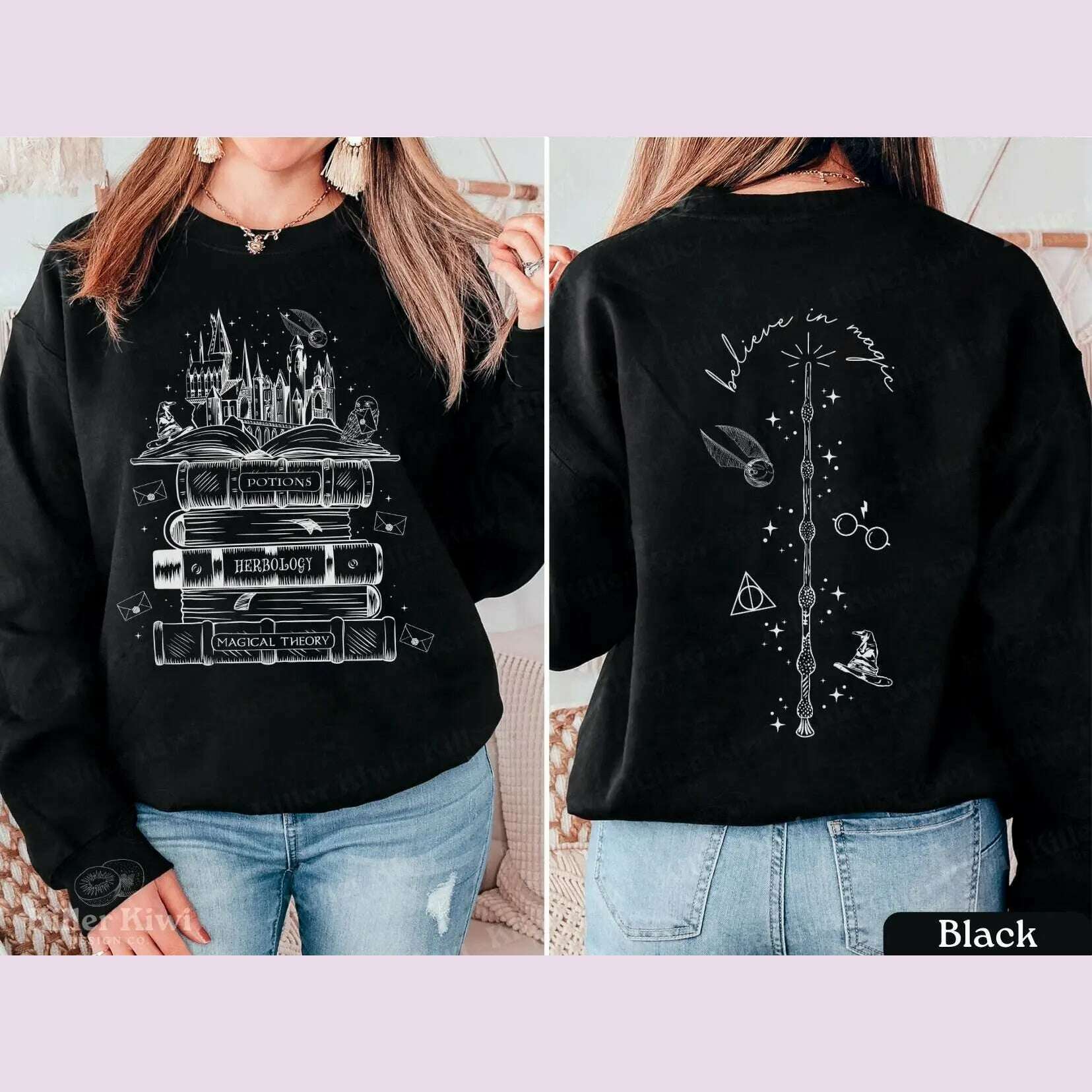 KIMLUD, Vintage Magic Tome Castle Magic Stick Print Women Sweatshirt 2024 New Voguish Vintage Cotton Female Sweater Stylish Girl Tops, black / S, KIMLUD APPAREL - Womens Clothes