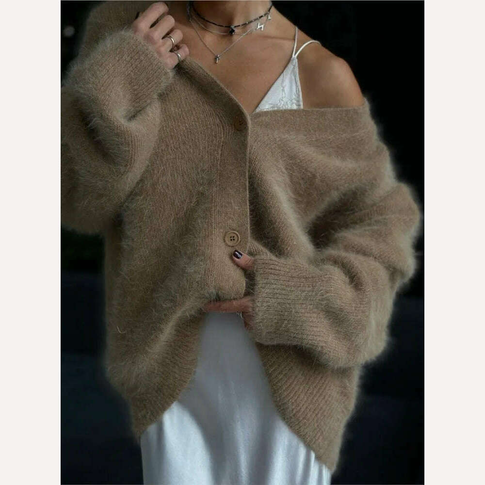 KIMLUD, Vintage Mohair Print Knit Cardigan For Women Fashion Long Sleeves Single Breasted Loose Sweater 2023 Autumn Chic High Streetwear, khaki / XS, KIMLUD APPAREL - Womens Clothes