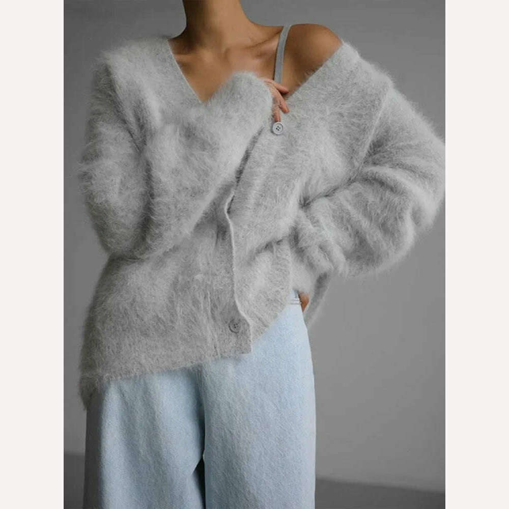 KIMLUD, Vintage Mohair Print Knit Cardigan For Women Fashion Long Sleeves Single Breasted Loose Sweater 2023 Autumn Chic High Streetwear, light grey / XS, KIMLUD APPAREL - Womens Clothes