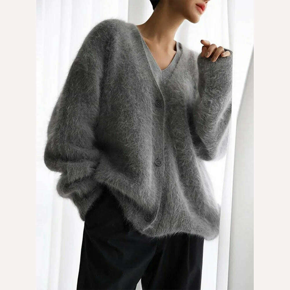 KIMLUD, Vintage Mohair Print Knit Cardigan For Women Fashion Long Sleeves Single Breasted Loose Sweater 2023 Autumn Chic High Streetwear, dark grey / XS, KIMLUD APPAREL - Womens Clothes