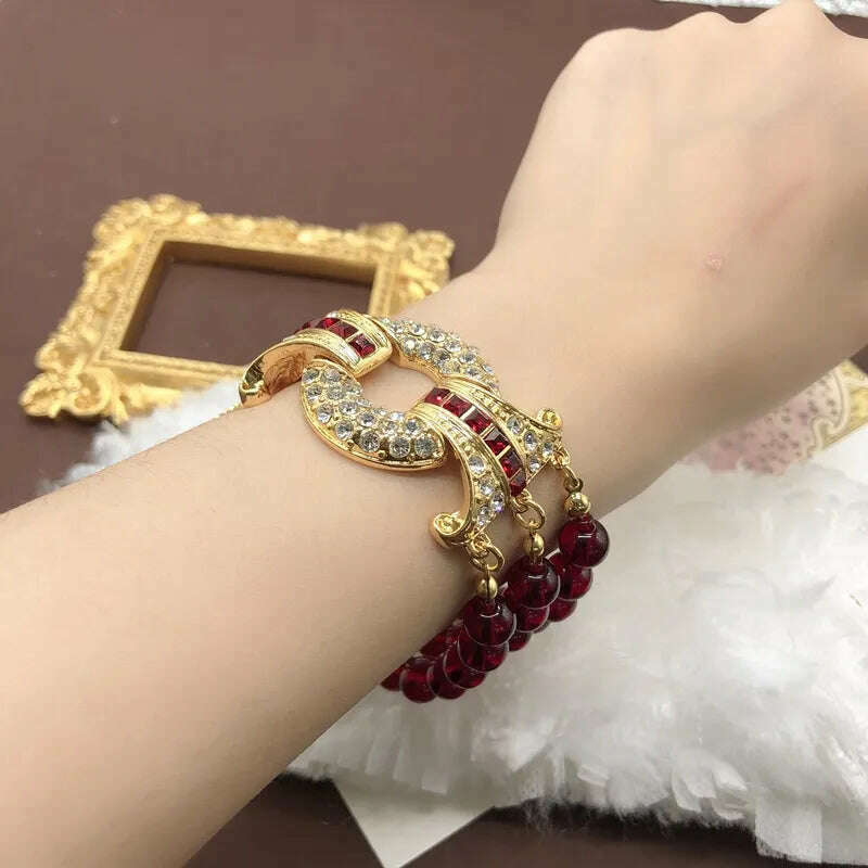 Vintage multi-layer garnet glaze bead sweater Bracelet Premium Switch Necklace bracelet set - KIMLUD