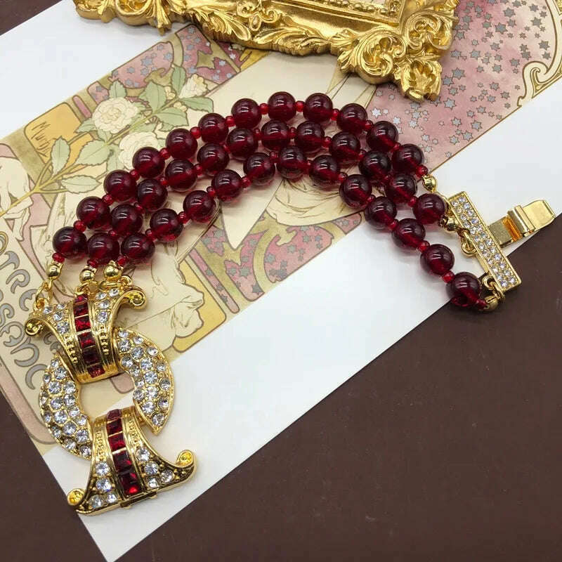 Vintage multi-layer garnet glaze bead sweater Bracelet Premium Switch Necklace bracelet set - KIMLUD