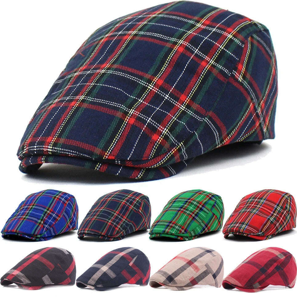 KIMLUD, Vintage Plaid Beret Caps British Men Women Adjustable Outdoor Riding Caps Cotton Hats Berets Top Hat Winter Autumn Windproof, KIMLUD Womens Clothes