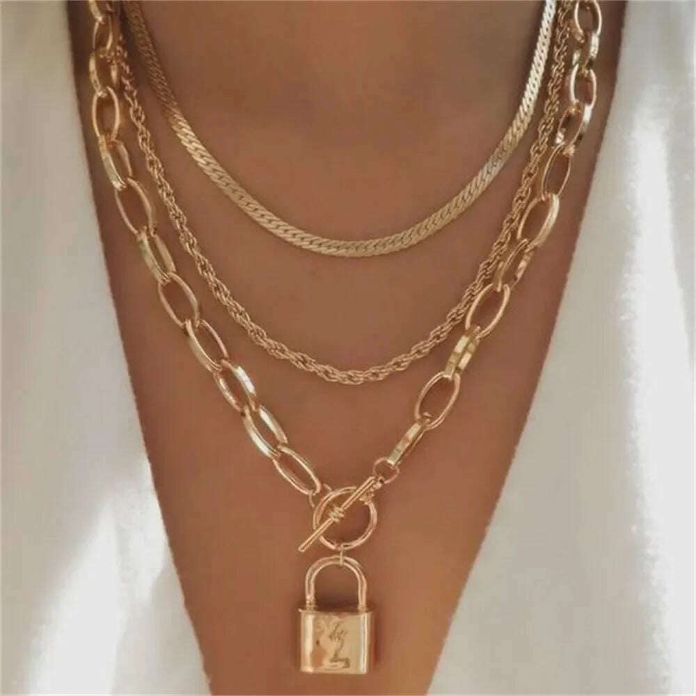 KIMLUD, Vintage Punk Gold-plate Thick Chain Head Portrait Coin Pendant Necklace For Women Fashion Multilevel Geometric Hip Hop Jewelry, NES-0820-5, KIMLUD APPAREL - Womens Clothes