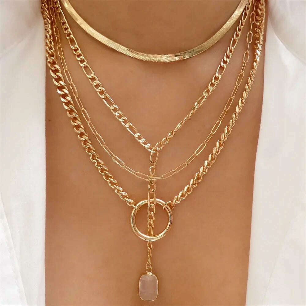 KIMLUD, Vintage Punk Gold-plate Thick Chain Head Portrait Coin Pendant Necklace For Women Fashion Multilevel Geometric Hip Hop Jewelry, NES-0796-3, KIMLUD APPAREL - Womens Clothes