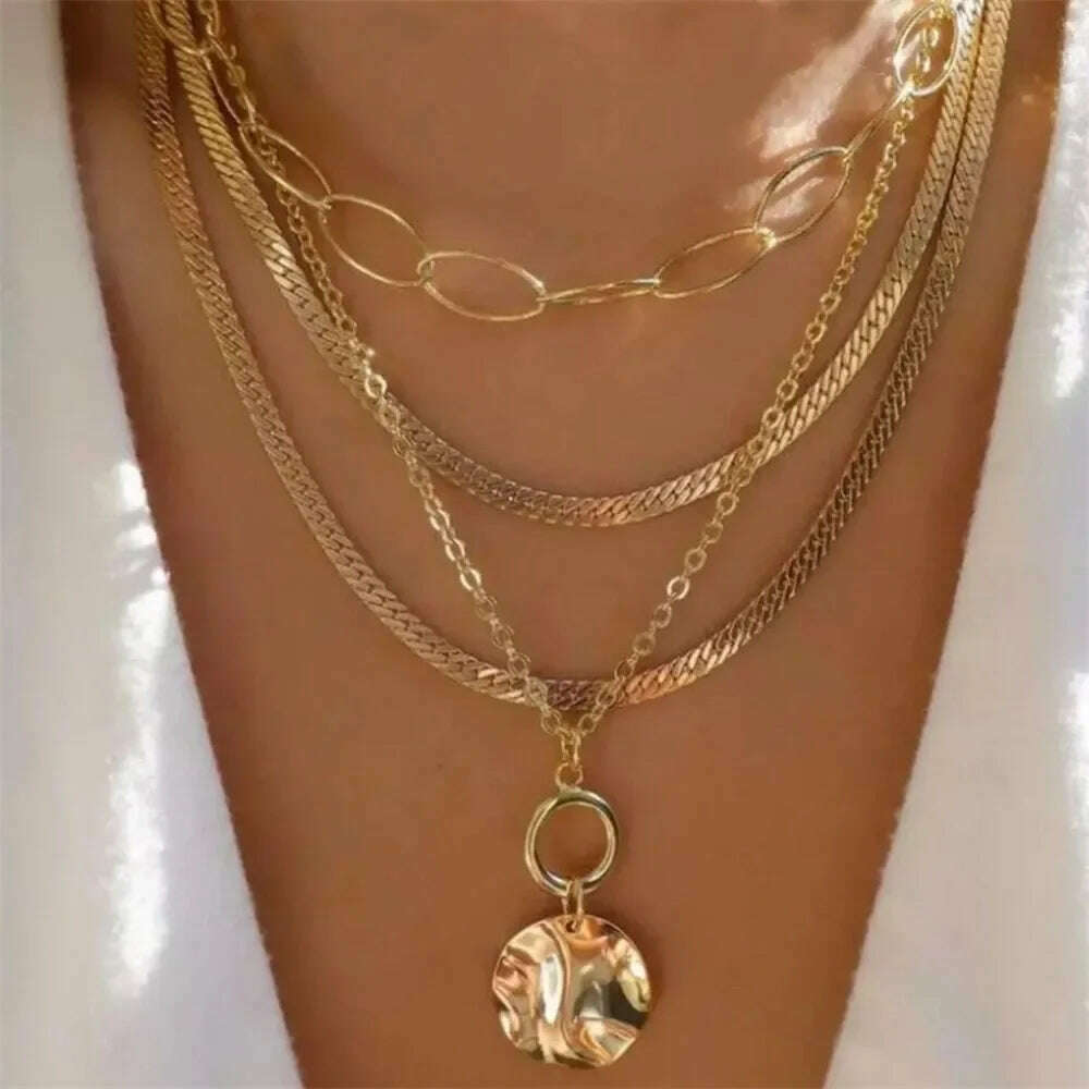 KIMLUD, Vintage Punk Gold-plate Thick Chain Head Portrait Coin Pendant Necklace For Women Fashion Multilevel Geometric Hip Hop Jewelry, NES-0820-17, KIMLUD APPAREL - Womens Clothes