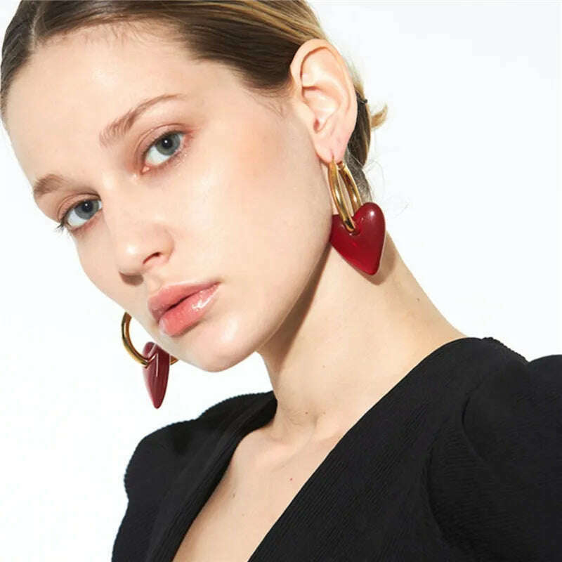 Vintage Red Heart Drop Earrings For Women Personality Big Hoop Earrings Women's Accessories Jewelry - KIMLUD