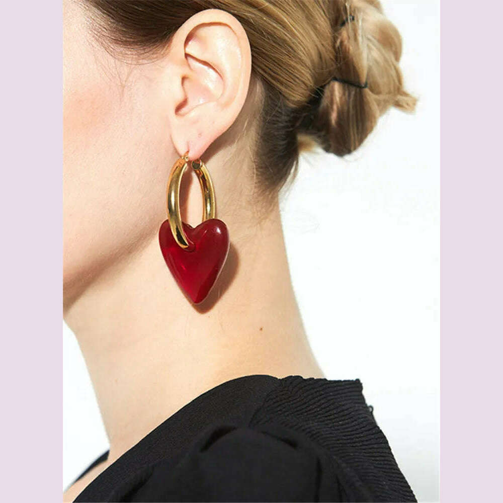 Vintage Red Heart Drop Earrings For Women Personality Big Hoop Earrings Women's Accessories Jewelry - KIMLUD