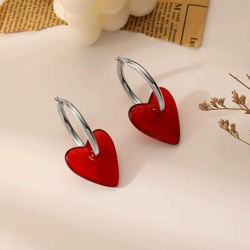 Vintage Red Heart Drop Earrings For Women Personality Big Hoop Earrings Women's Accessories Jewelry - KIMLUD