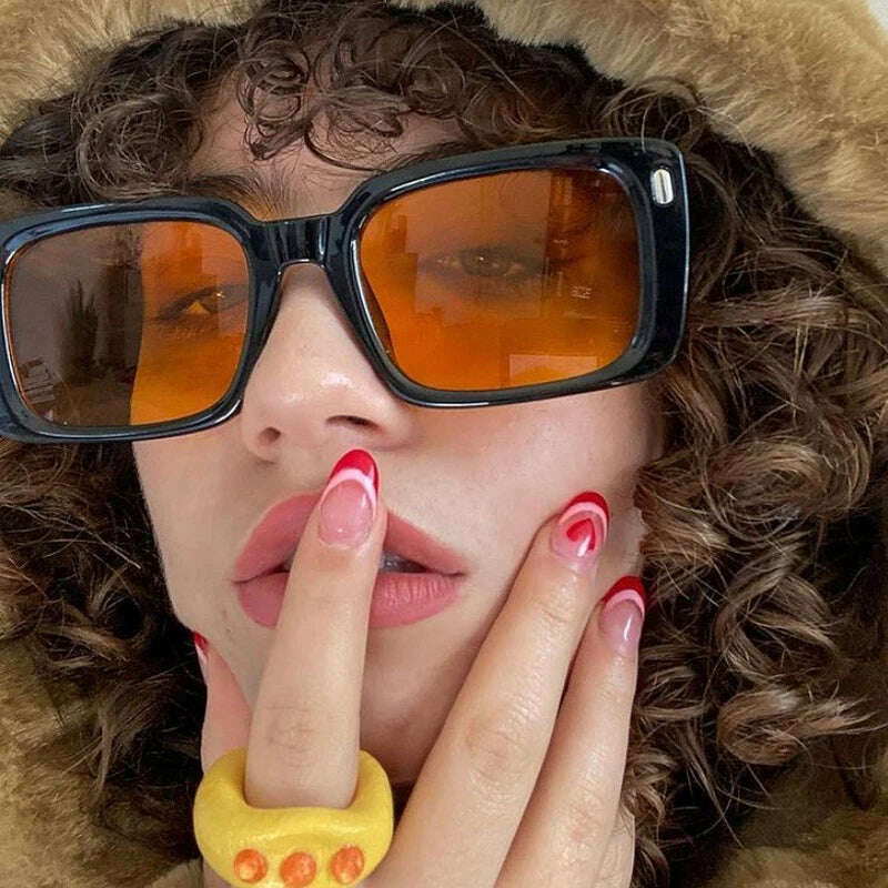 KIMLUD, Vintage Rivet Square Sunglasses Woman Brand Designer Personality Sun Glasses Female Fashion Orange Retro Oculos De Sol, KIMLUD Womens Clothes