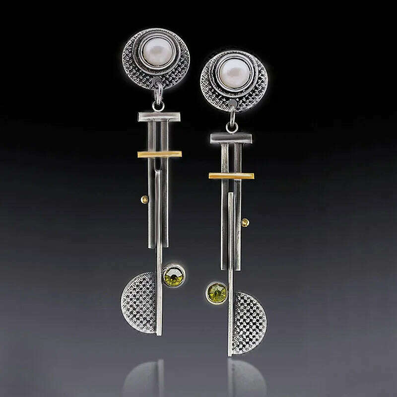 Vintage Round Semicircle Long Bar Pearl Earrings Hip Hop Punk Mechanical Drop Dangle Steampunk Disc Pendant Earrings Jewelry - KIMLUD