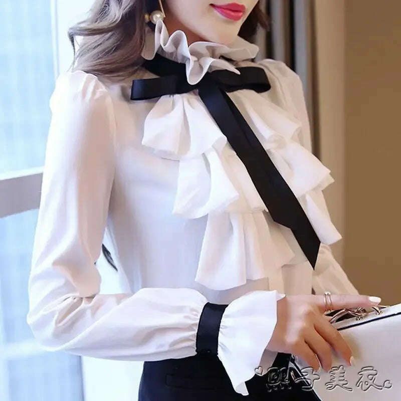 KIMLUD, Vintage Ruffled Chiffon Blouse Women's Long Sleeve White Shirt Top for Eye Catching Style, KIMLUD Womens Clothes