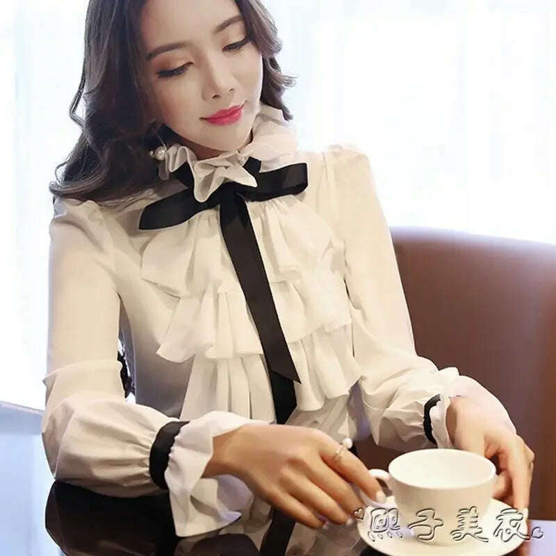 KIMLUD, Vintage Ruffled Chiffon Blouse Women's Long Sleeve White Shirt Top for Eye Catching Style, KIMLUD Womens Clothes