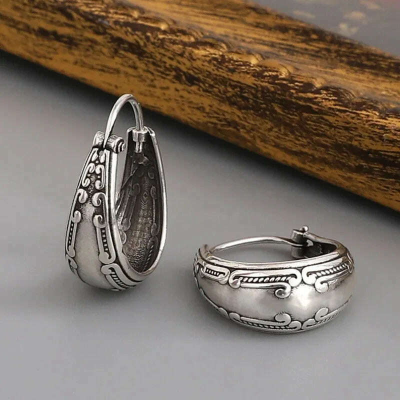 Vintage Silver Color Round Earrings Ethnic Bohemian Metal Carving Pattern Hoop Earrings for Women Jewelry - KIMLUD