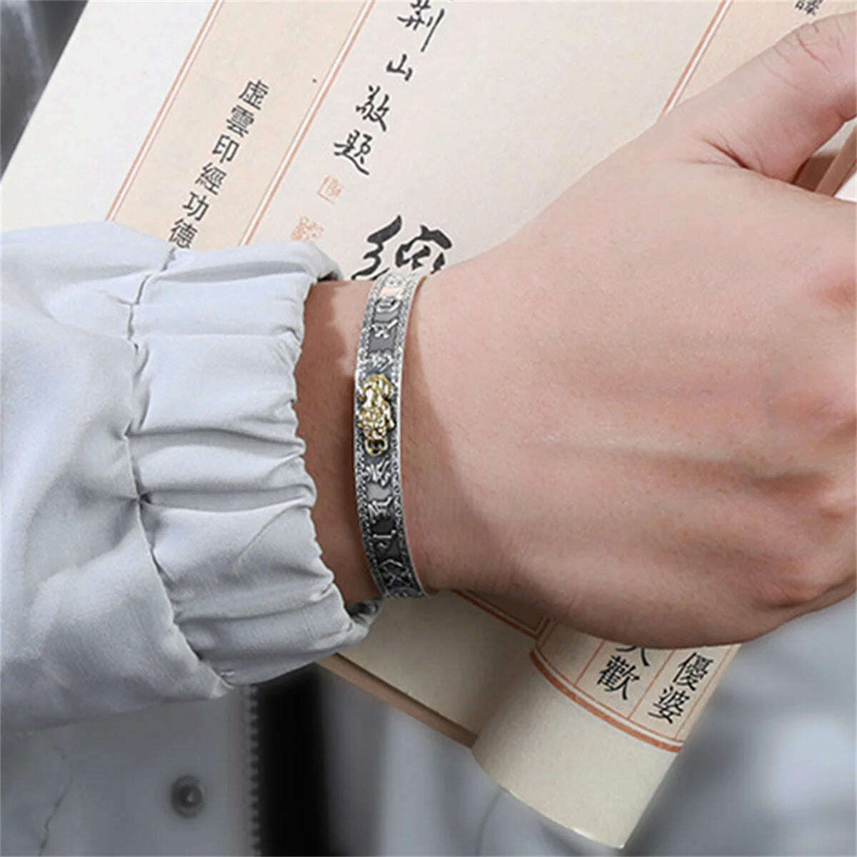 KIMLUD, Vintage Silver Plated Feng Shui Pixiu Open Bangle Bracelet for Men Women Unisex Wristband Pixiu Wealth and Good Luck Jewelry, KIMLUD Womens Clothes